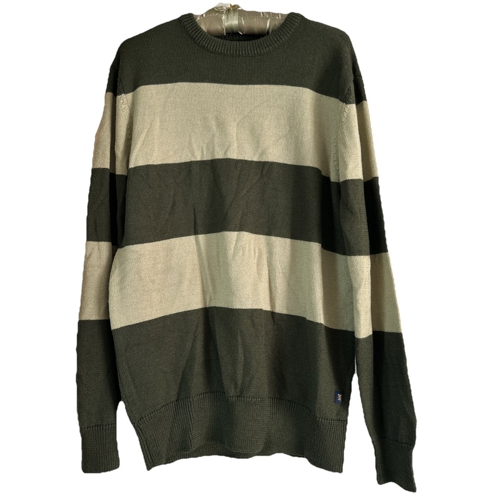 Roark Men's L Olive Green Striped Crewneck Sweater Wool Blend Scholar Style